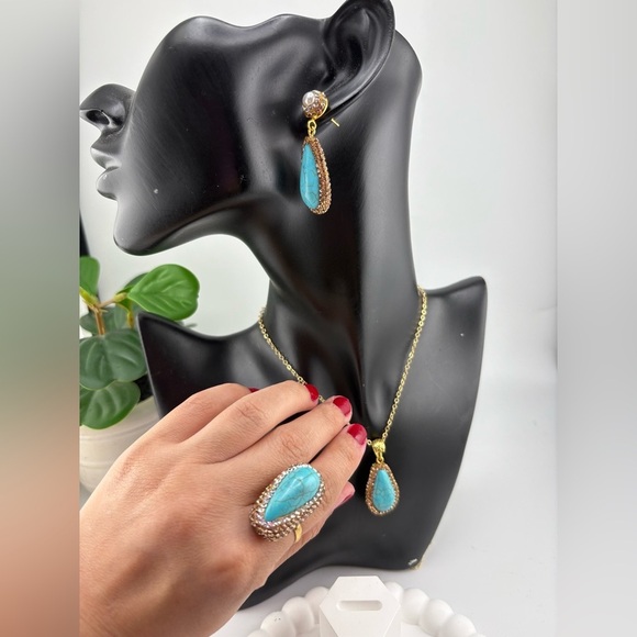 Anthropologie Jewelry - Turquoise Teardrop Jewelry Set – Necklace, Earrings & Ring